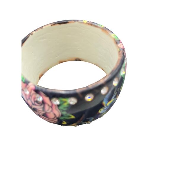 Ed Hardy Vintage Pink Roses Love Peace Tattoo Rhinestone Lucite Bangle Bracelet - Picture 5 of 9